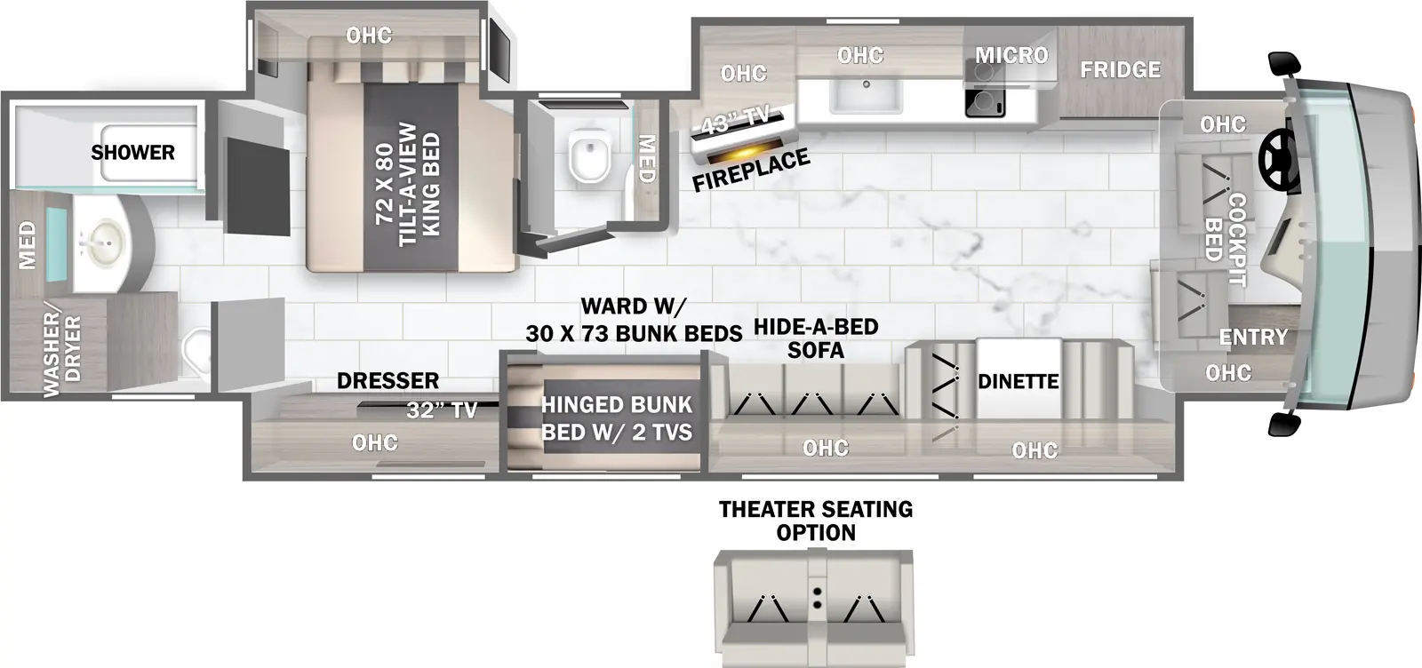 The Berkshire XL 40C floorplan has one entry and three slide outs. Exterior features include: 18' & 56" Door Awning awning and outside entertainment. Interiors features include: bunk beds, rear bathroom, bathroom and a half, bunk over cab and dinette.